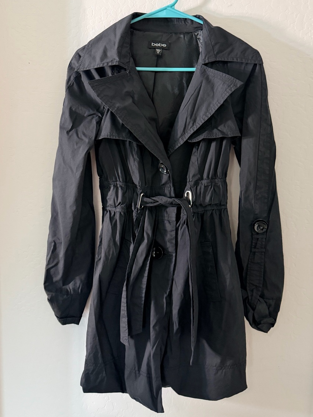 bebe Black Belted Trench Coat with Notch Collar